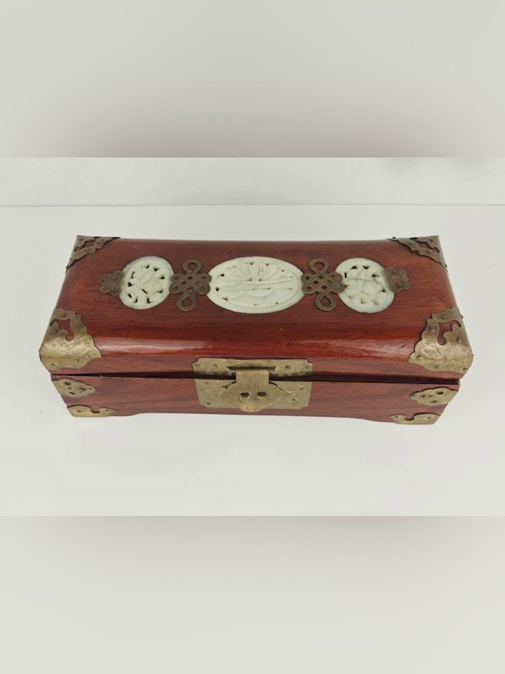 VTG RARE Chinese Brass & Wood Jewelry Box With  Craved Jade Inlay & Red  Lining
